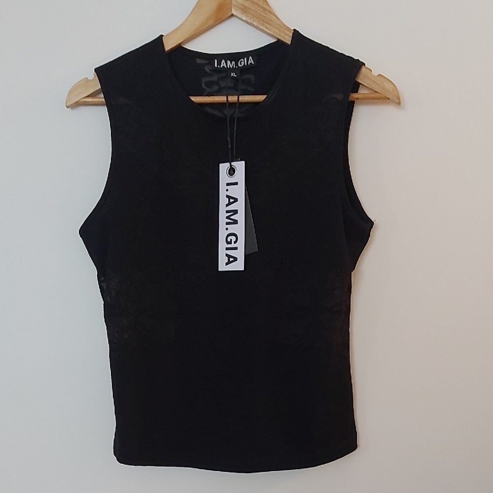 NWT I.AM.GIA Raye Black Sleeveless Burnout Top Lace Size XL